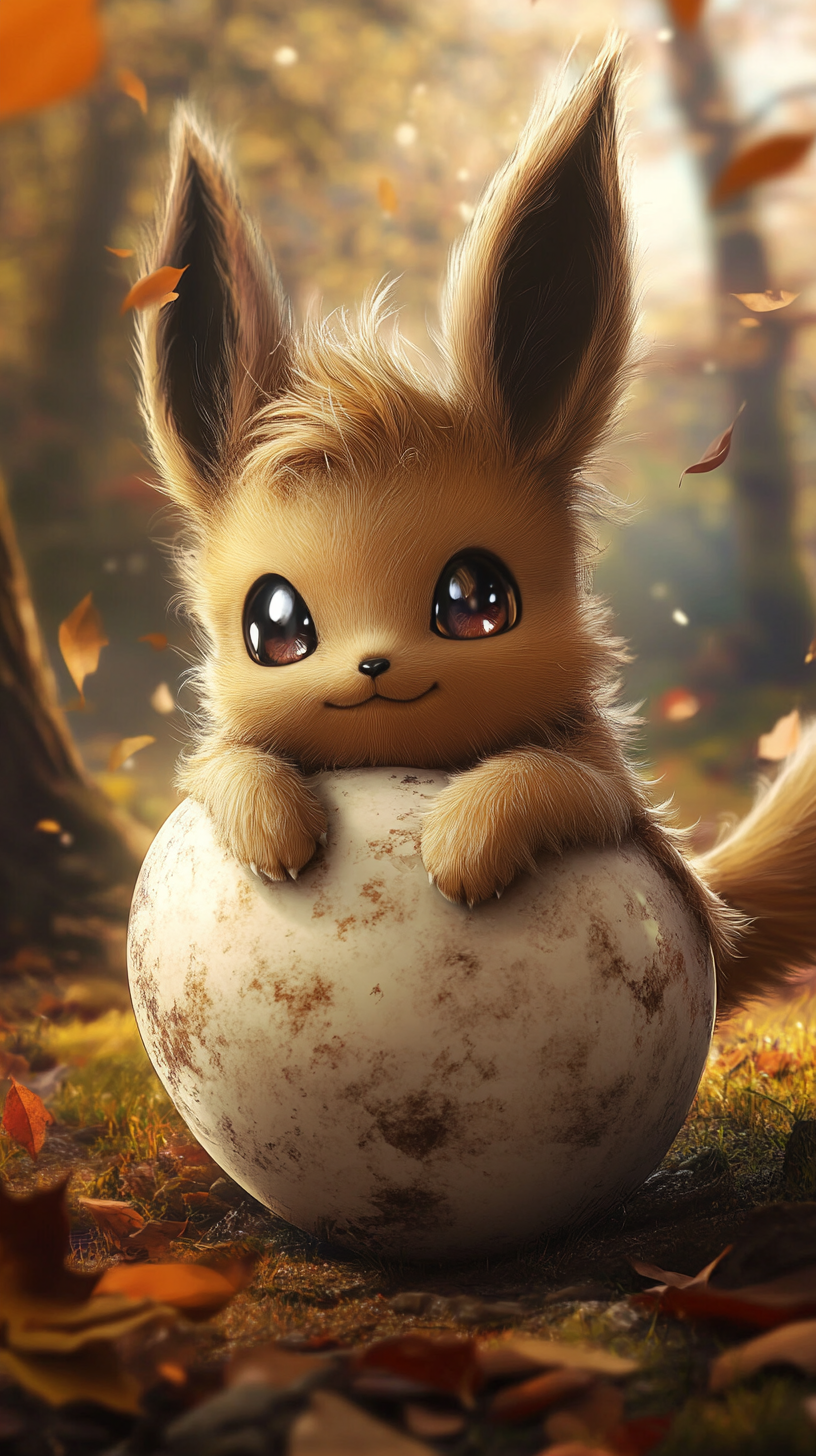 Chibi baby Eevee hatching from glowing egg in forest.