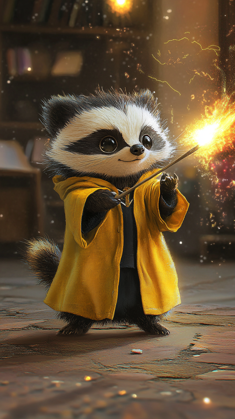 Chibi badger in Hufflepuff robe using wand to cast spell.