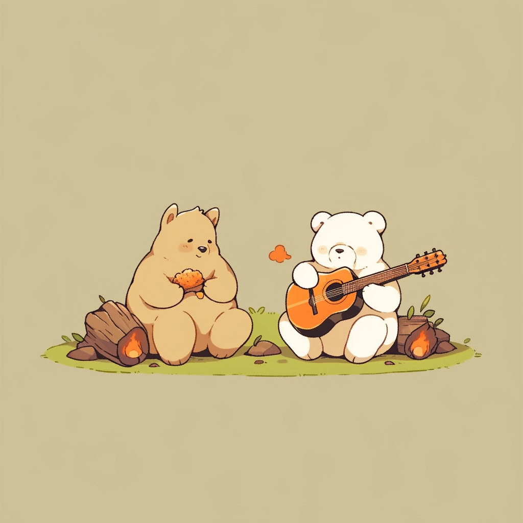 Chibi bear, bunny, and lion cozy campfire scene.