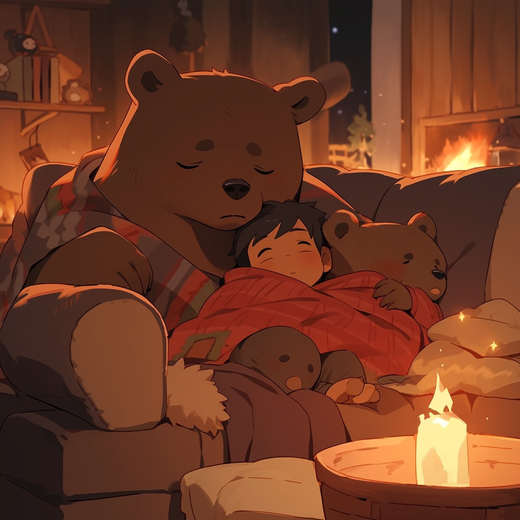 Chibi bear and cub watching movie in cozy cabin.