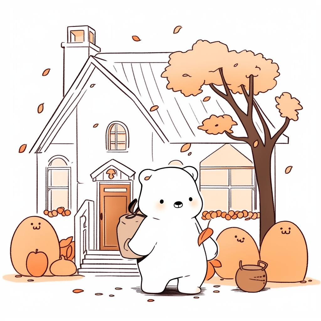 Chibi bear in ghost costume trick-or-treating in cozy neighborhood.