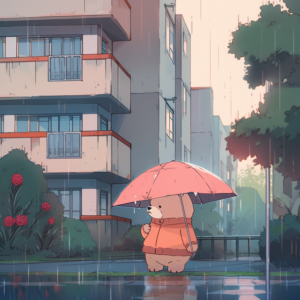 Chibi bear in raincoat and umbrella walking in neighborhood.