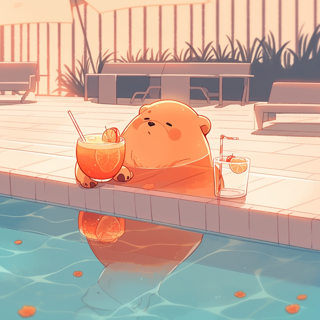 Chibi bear lounging in pool with summer drink.