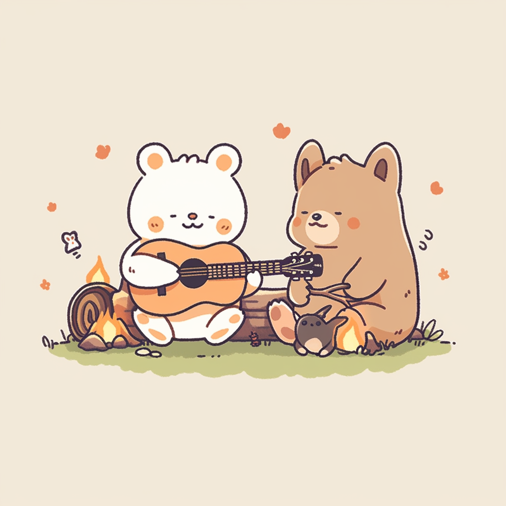 Chibi bear playing guitar with friends in woods.