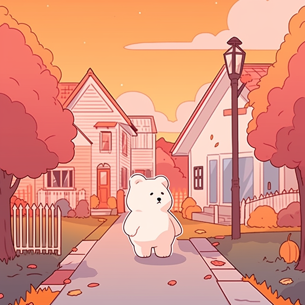 Chibi bear with red horns walks down cozy street.