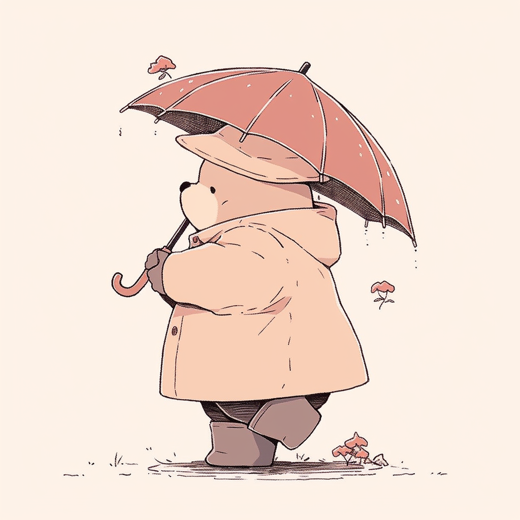 Chibi bear with umbrella walking home in rain.