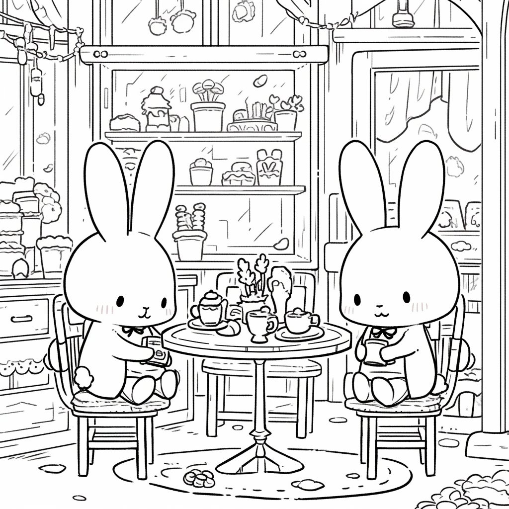 Chibi bunnies in magical cafe, cute and fun.