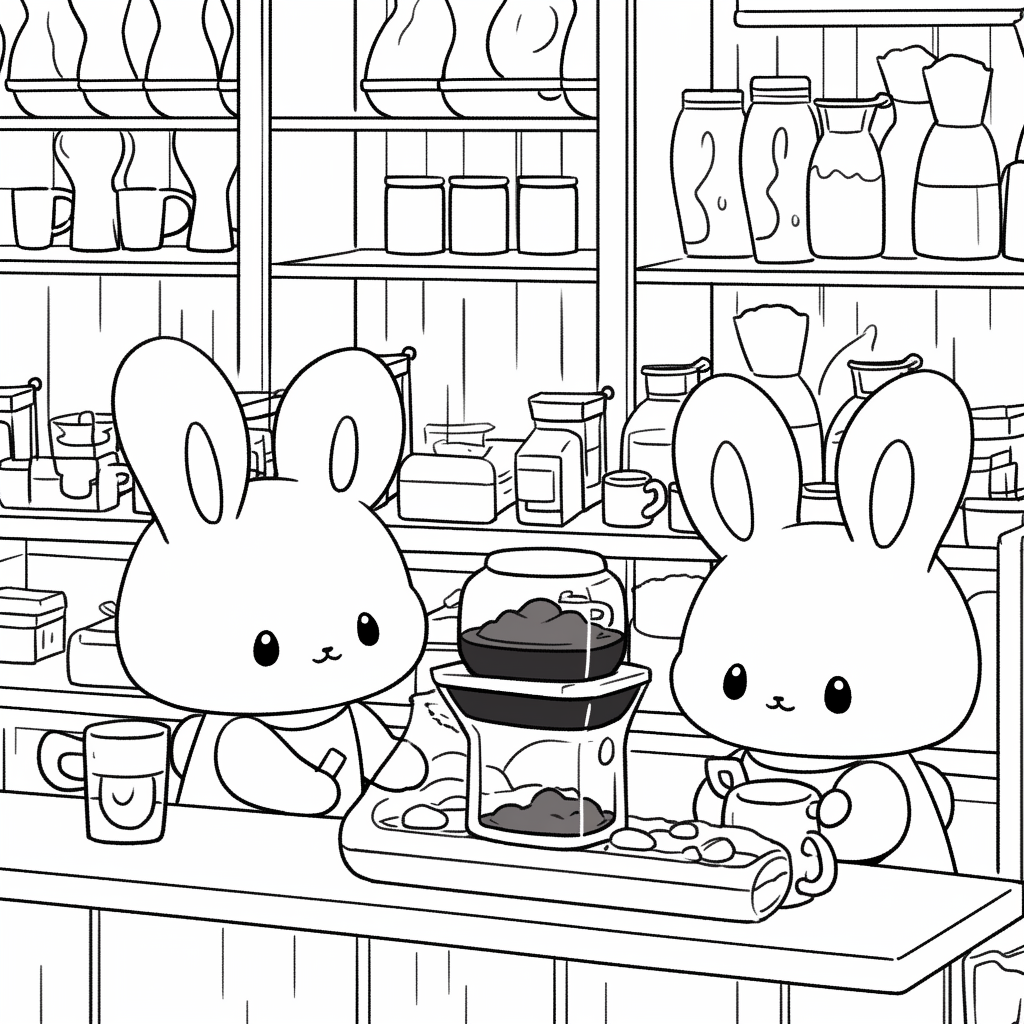 Chibi bunnies working in magical coffee shop.