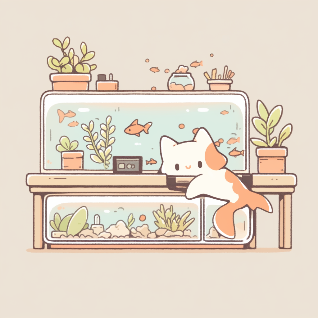 Chibi calico cat watching fish, cozy studio Ghibli style.