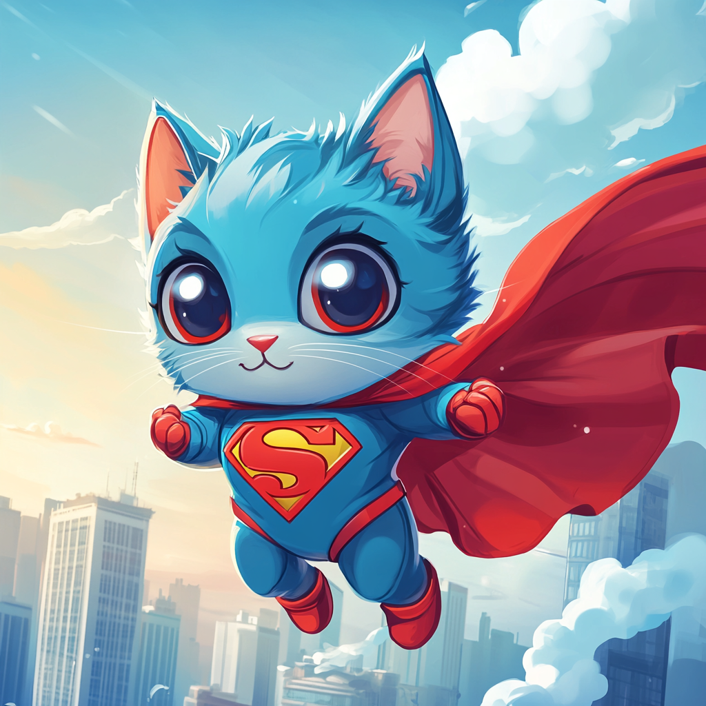 Chibi cat dressed as Superman, vibrant costume, playful.