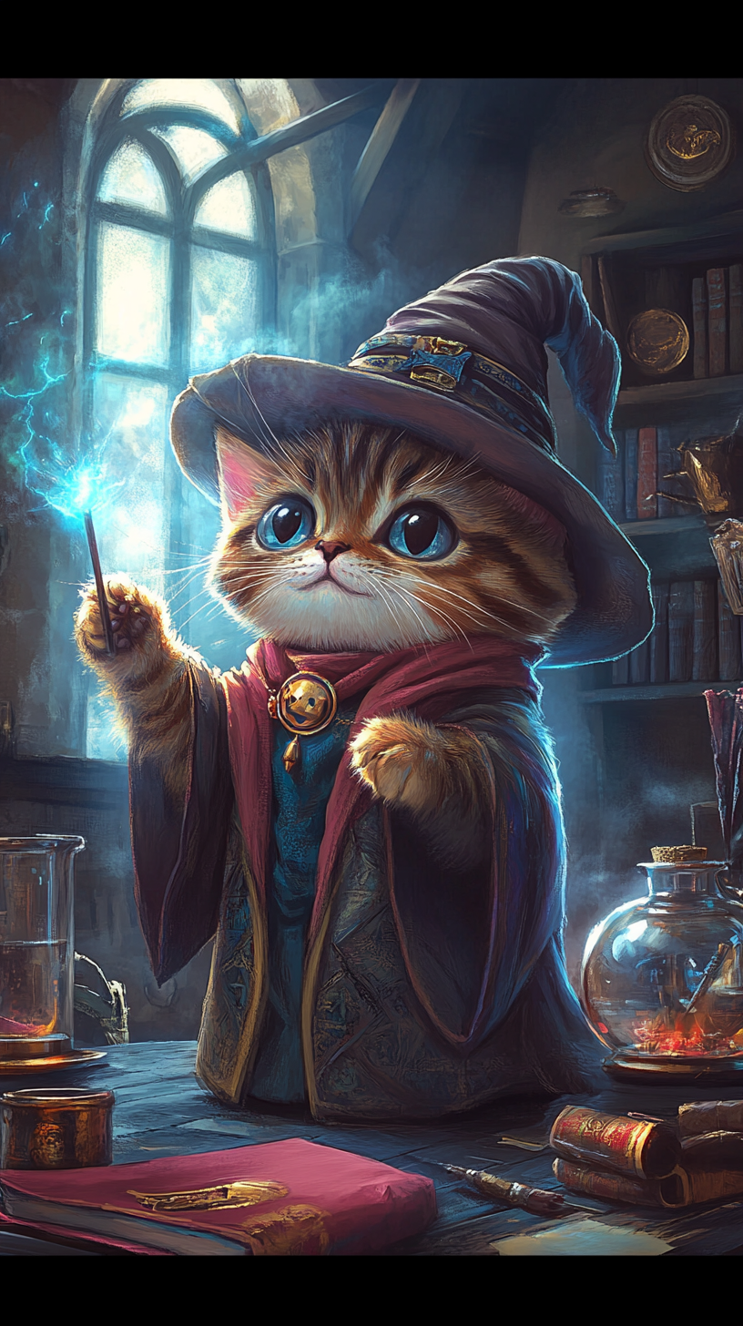 Chibi cat in Hogwarts robe casting spell. Magical setting.