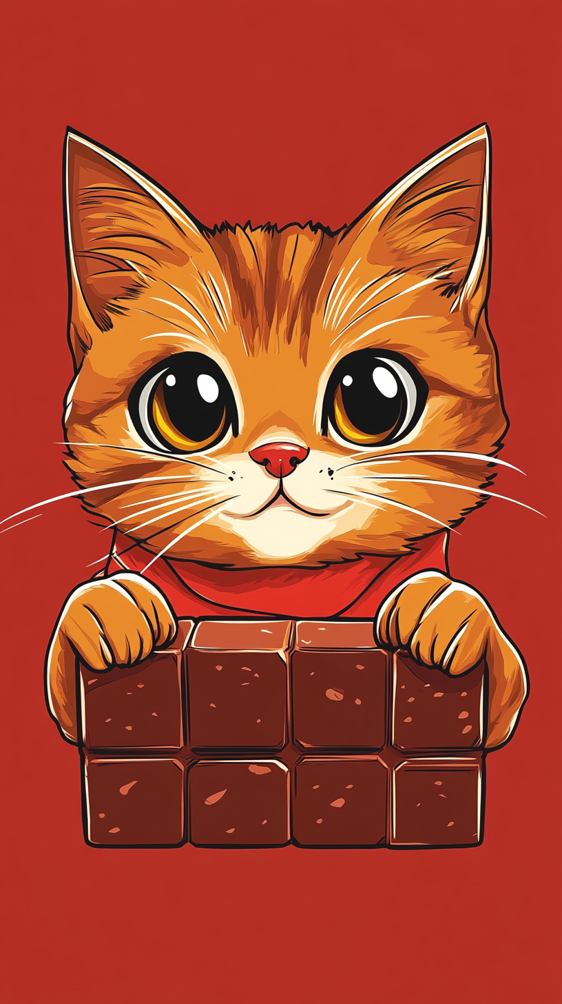 Chibi cat in KitKat colors, playful and vibrant.