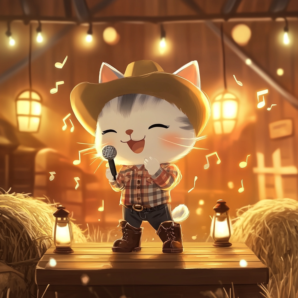 Chibi cat in country outfit sings on stage.