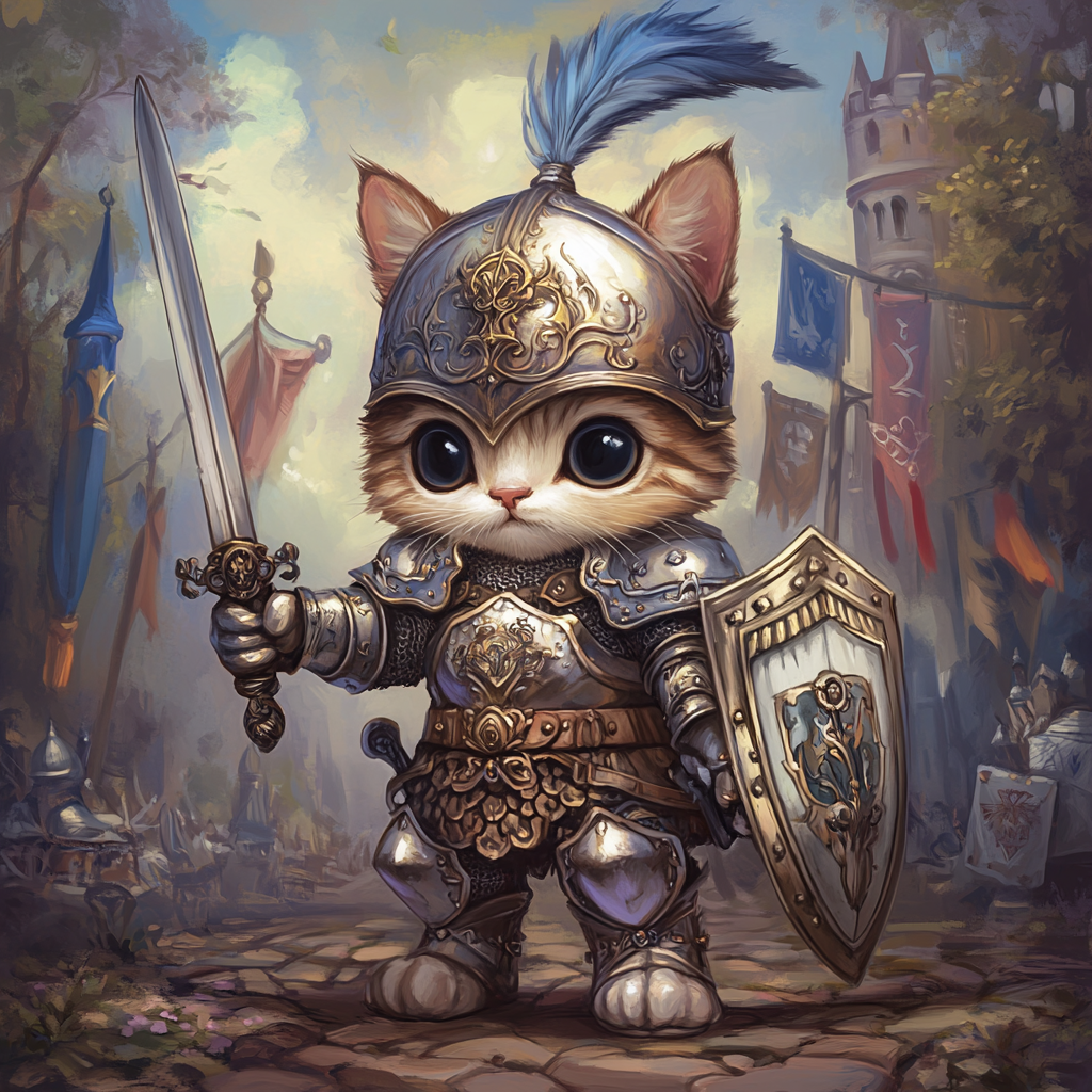 Chibi cat in knight armor with sword and shield.