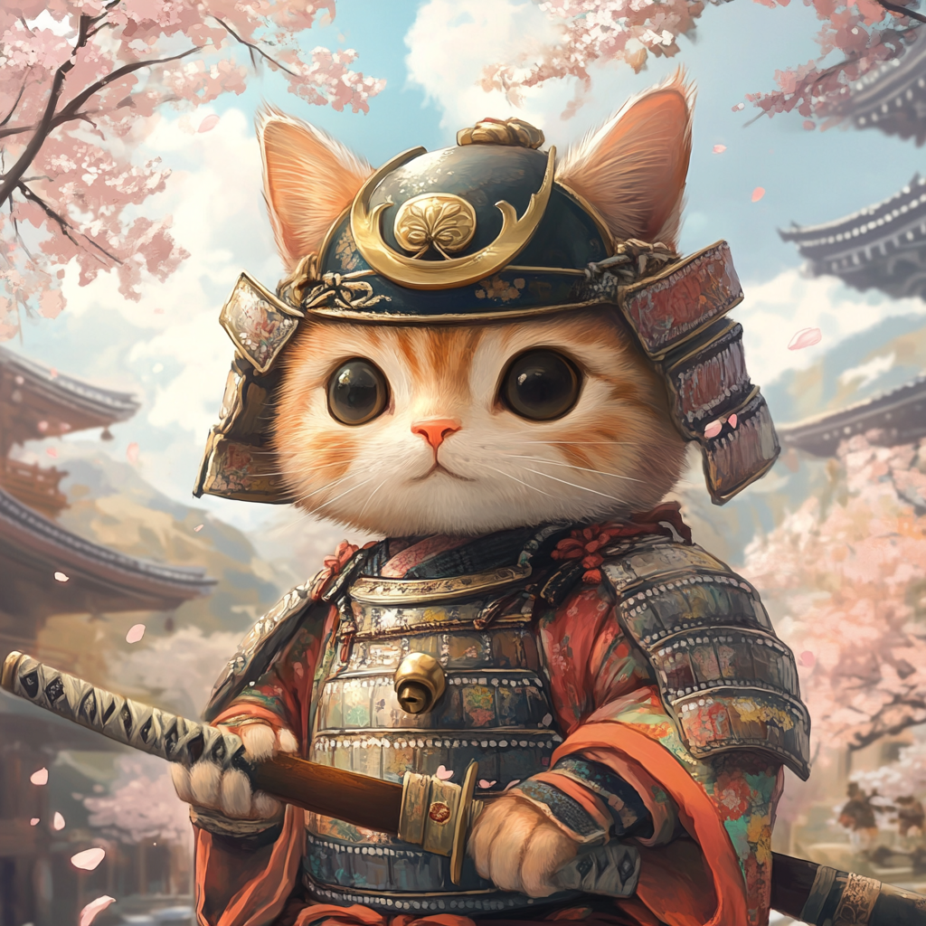 Chibi cat in samurai armor with katana pose.