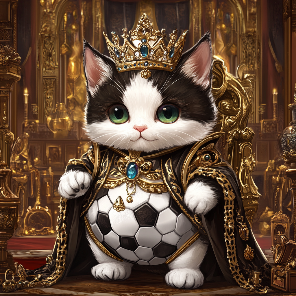 Chibi cat in soccer ball attire in throne room.