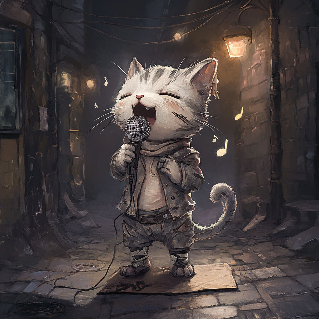 Chibi cat in tattered clothes sings passionately.