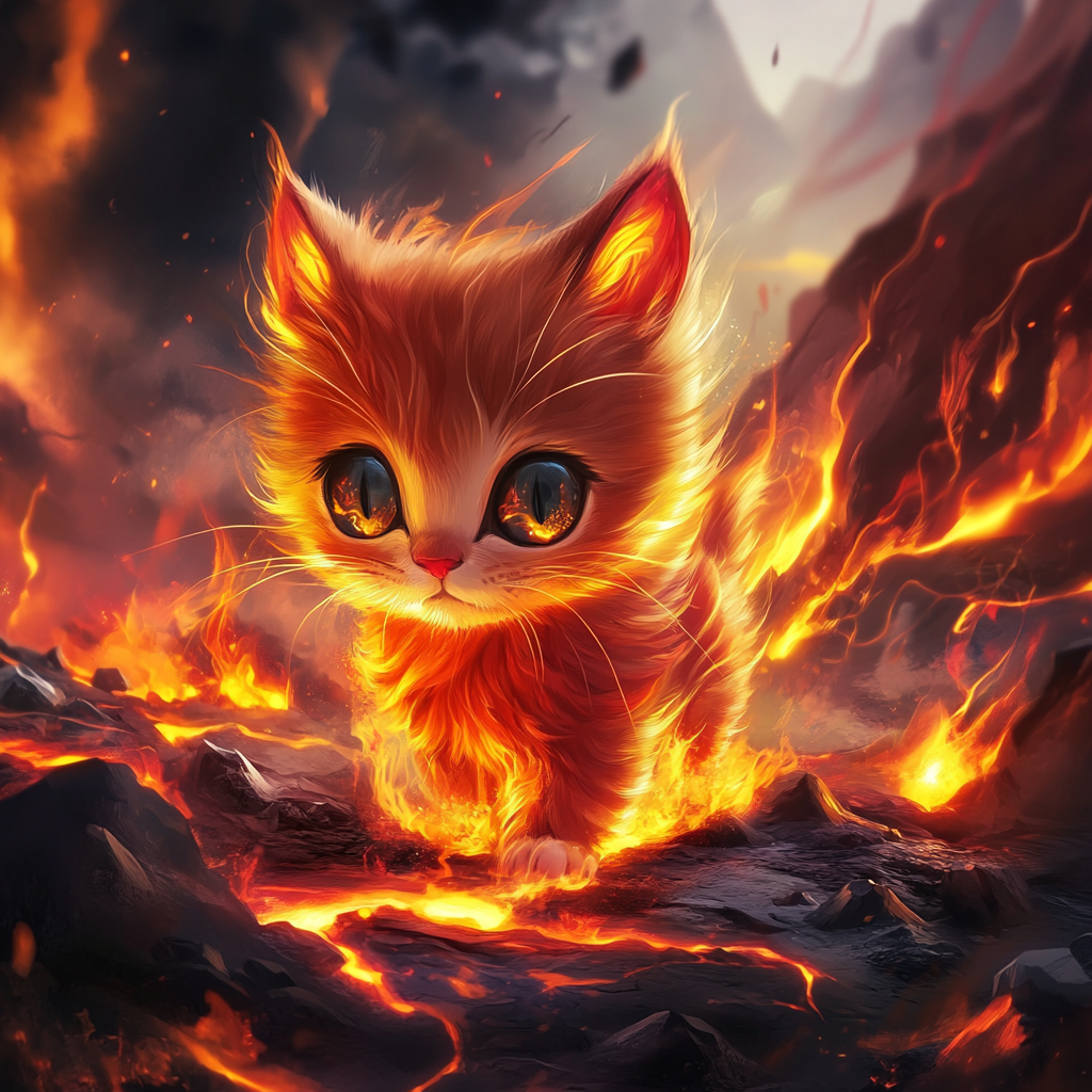 Chibi cat looks like fiery lava in 4K art.