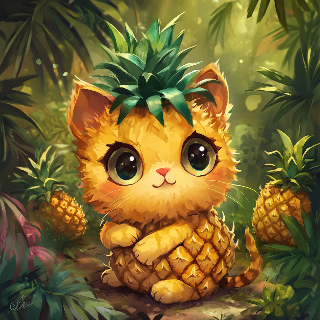 Chibi cat looks like pineapple, colorful tropical garden background.