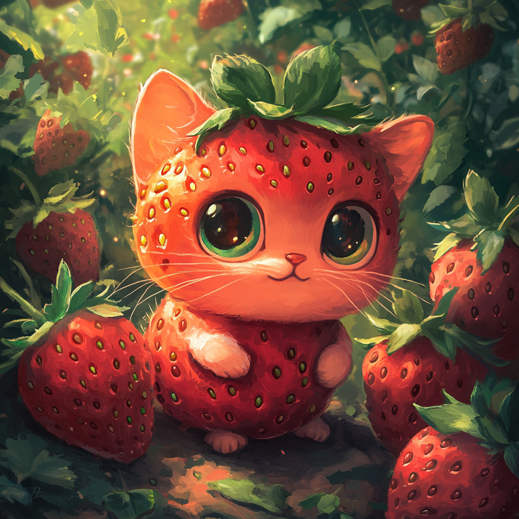 Chibi cat looks like strawberry in magical garden.