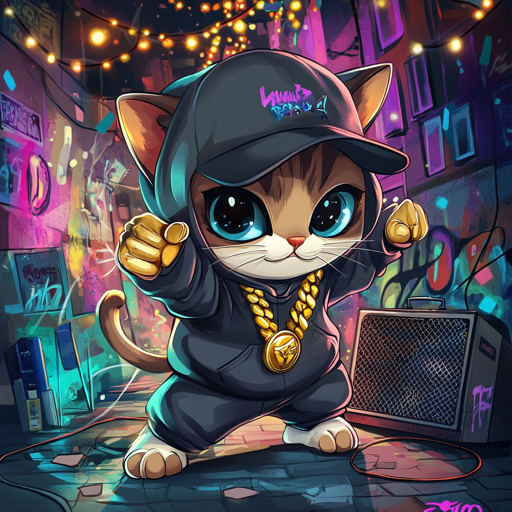 Chibi cat rapper in urban setting, cool pose.