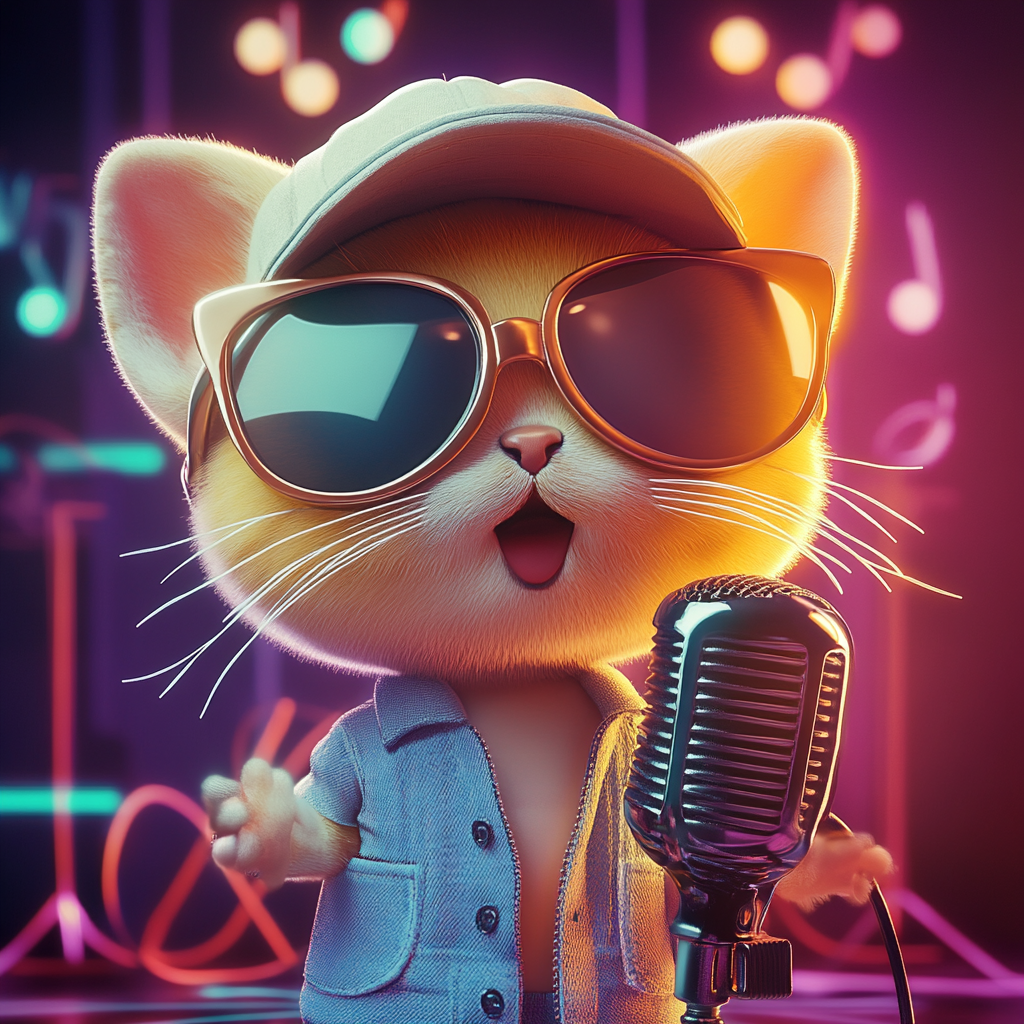 Chibi cat singing humorously with quirky expression.