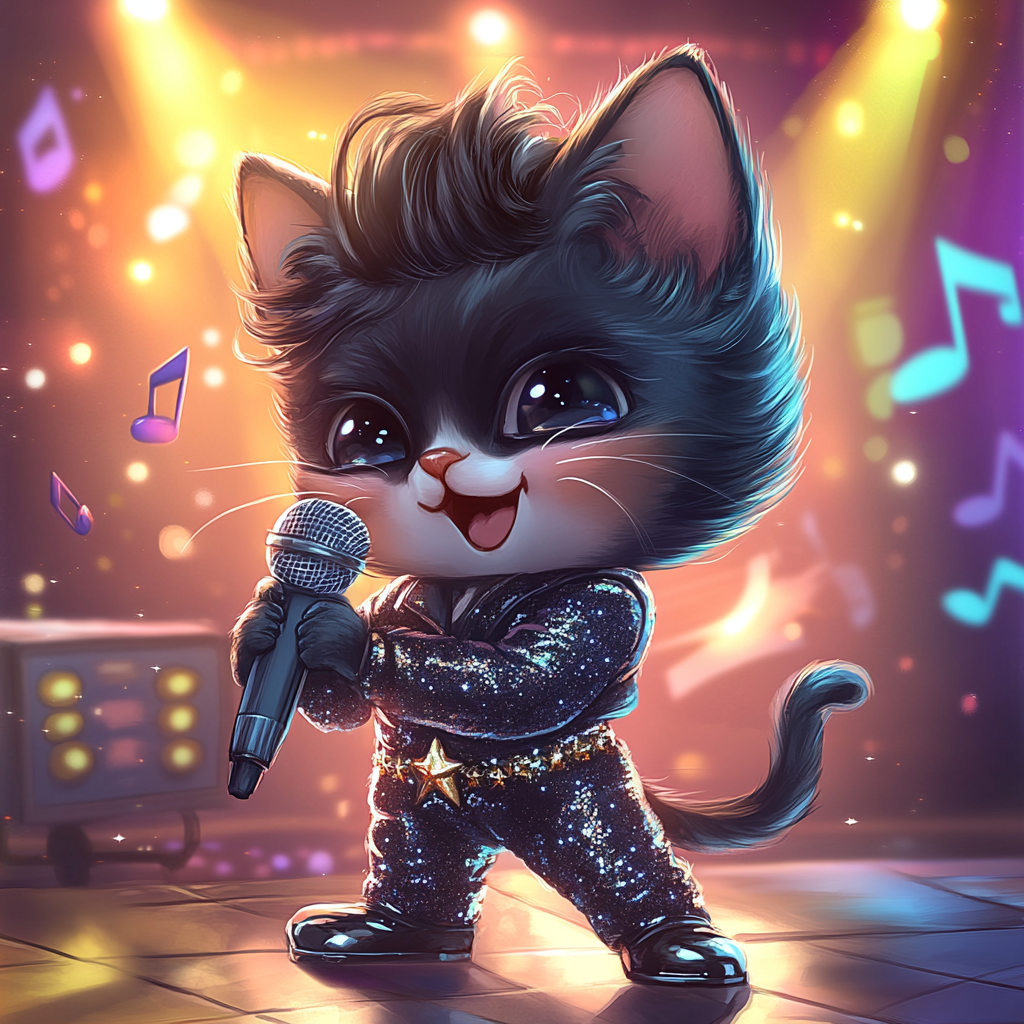 Chibi cat sings with Elvis style, colorful background.