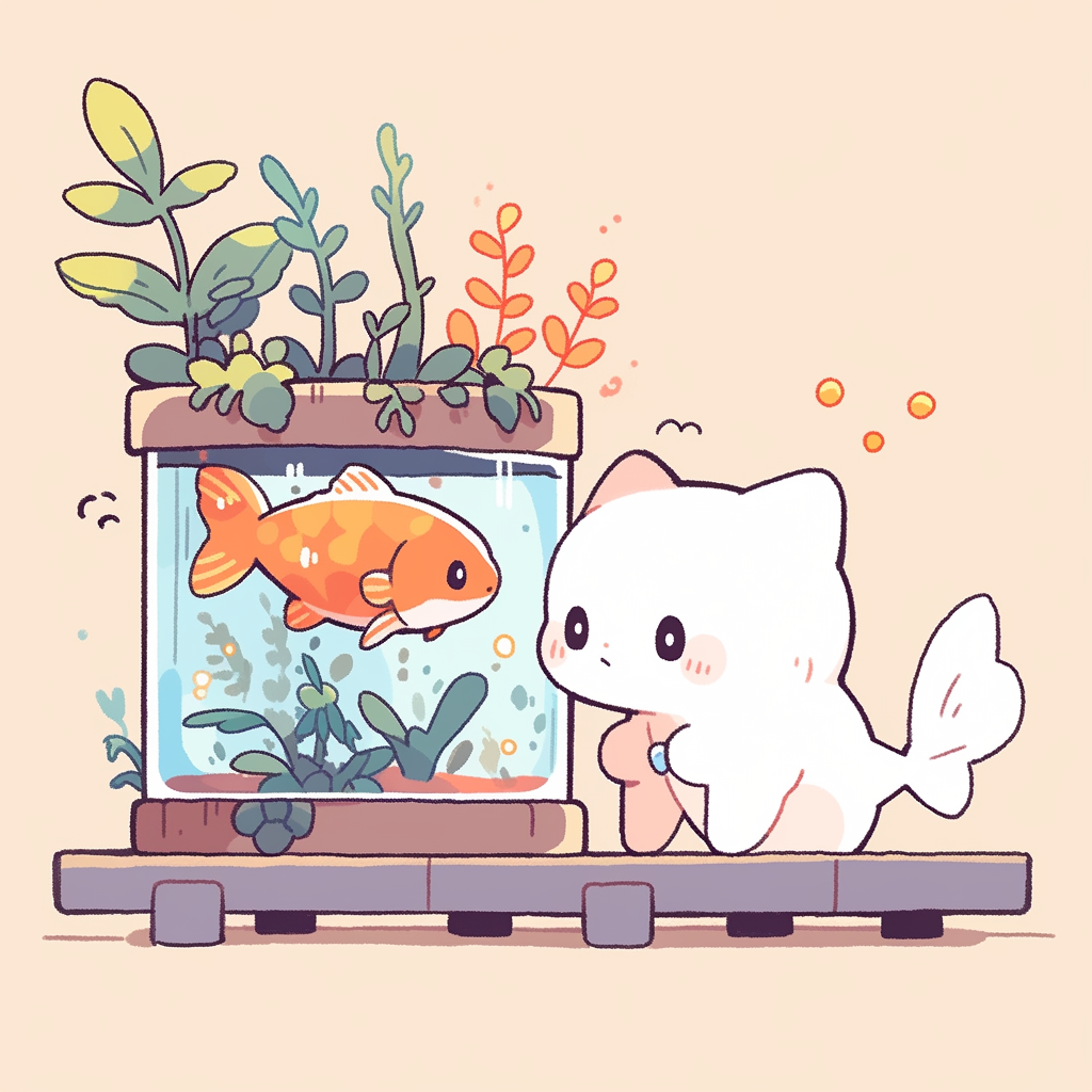 Chibi cat watching fish at aquarium, cozy fall colors.