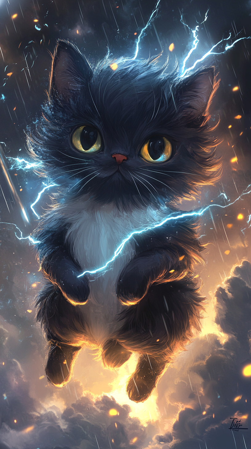 Chibi cat with lightning powers, sparking whiskers, silver fur.