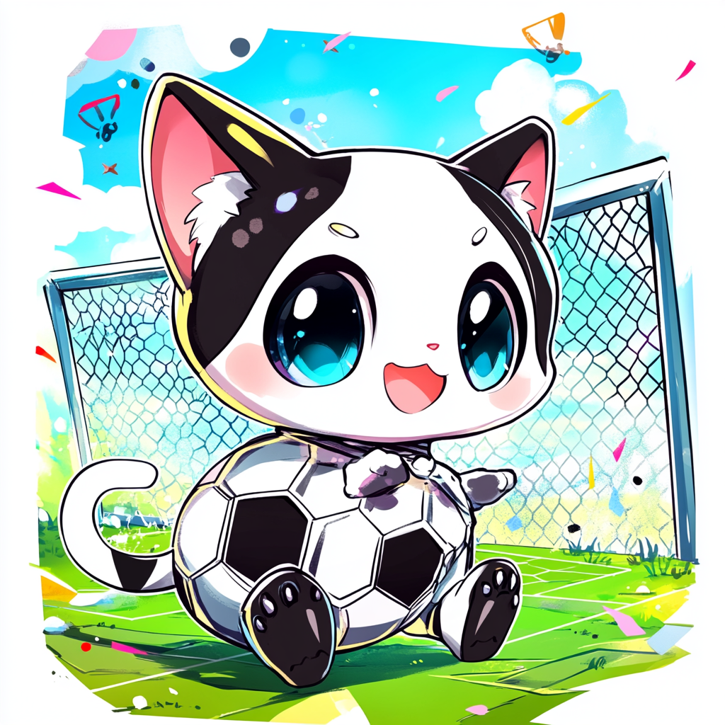 Chibi cat with soccer ball fur, playful eyes.