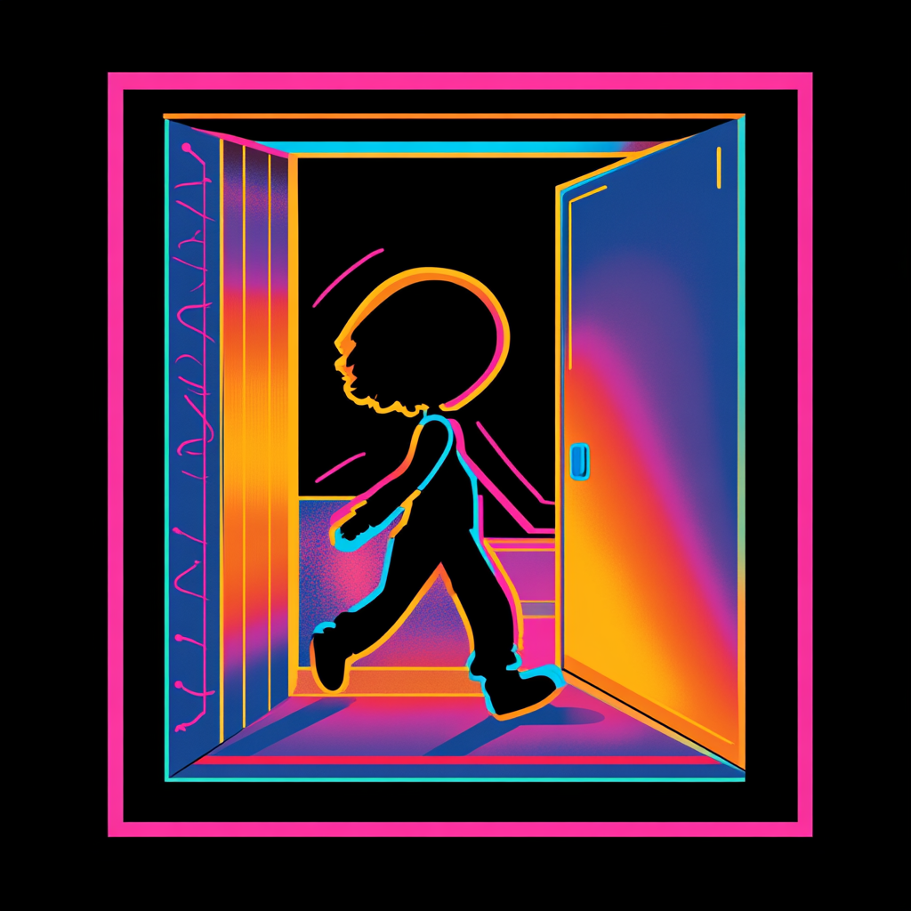 Chibi character silhouette walking through colorful door frame