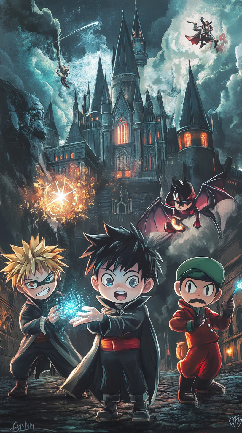 Chibi characters from different universes at Hogwarts Castle.