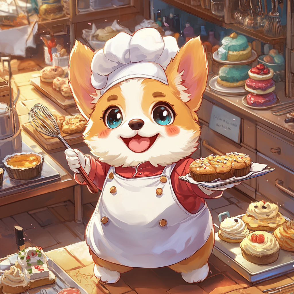 Chibi corgi in chef outfit with baked cookies.