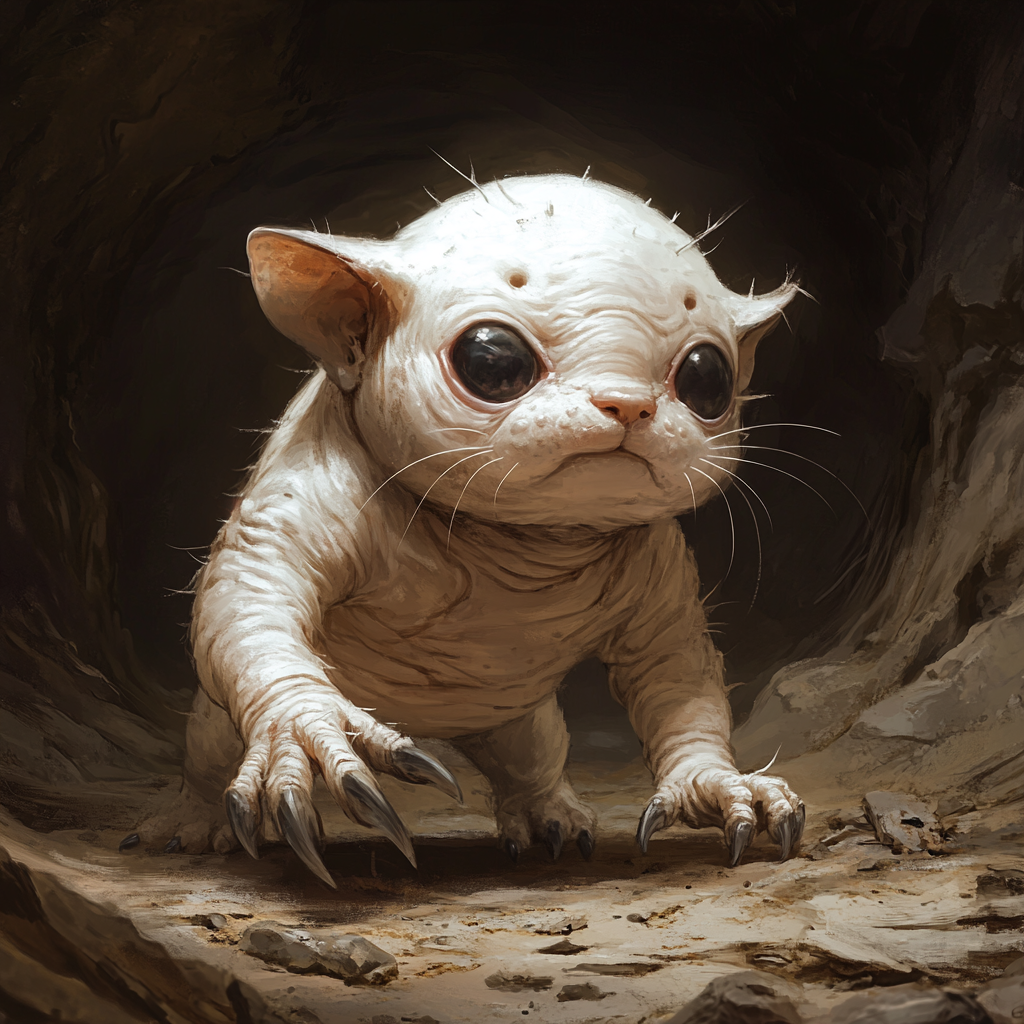 Chibi creature resembles hairless cat, mole in dark setting.