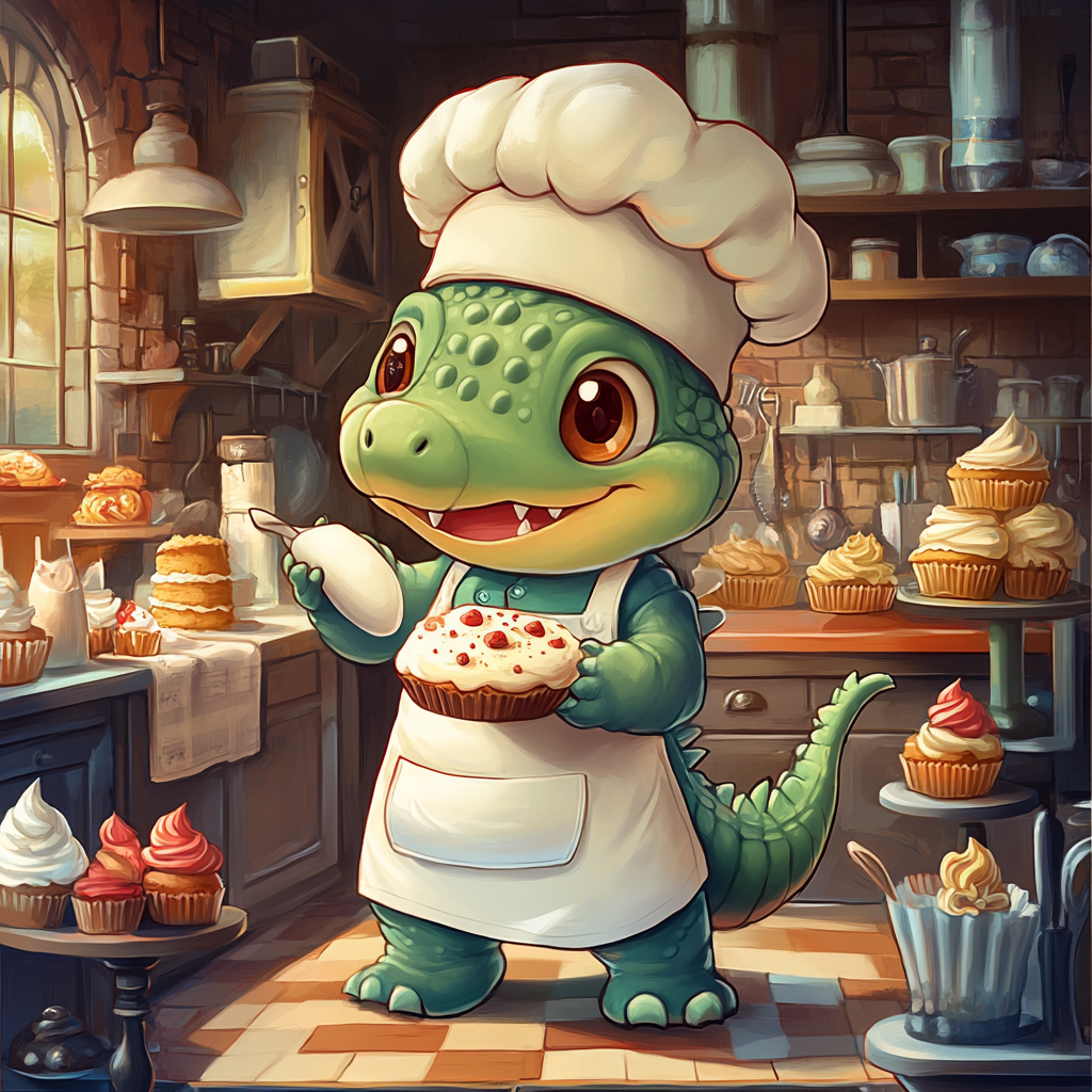 Chibi crocodile chef decorates cake in bakery kitchen.