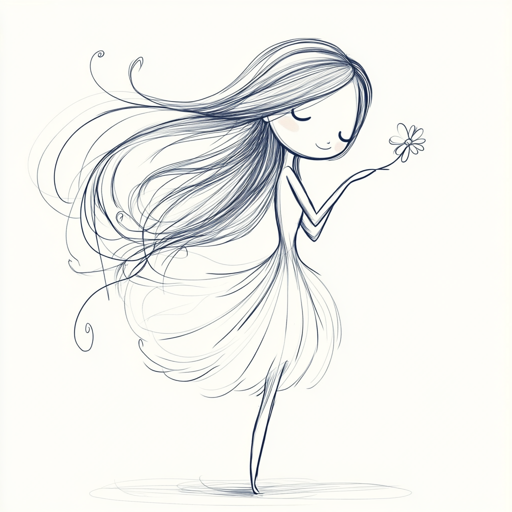 Chibi dancer with long hair holding flower birthday card.