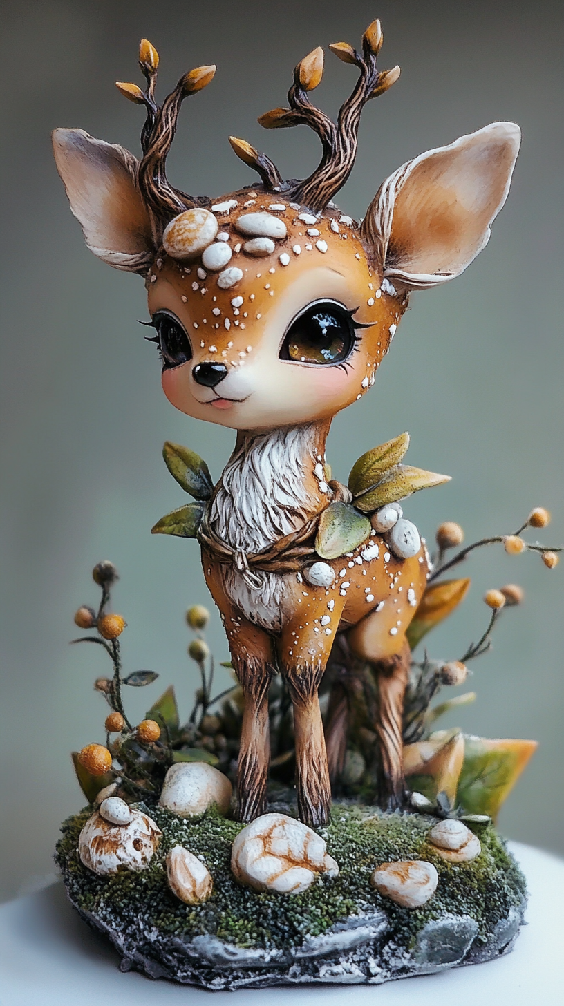 Chibi deer with earth powers, mossy legs emerging from ground.