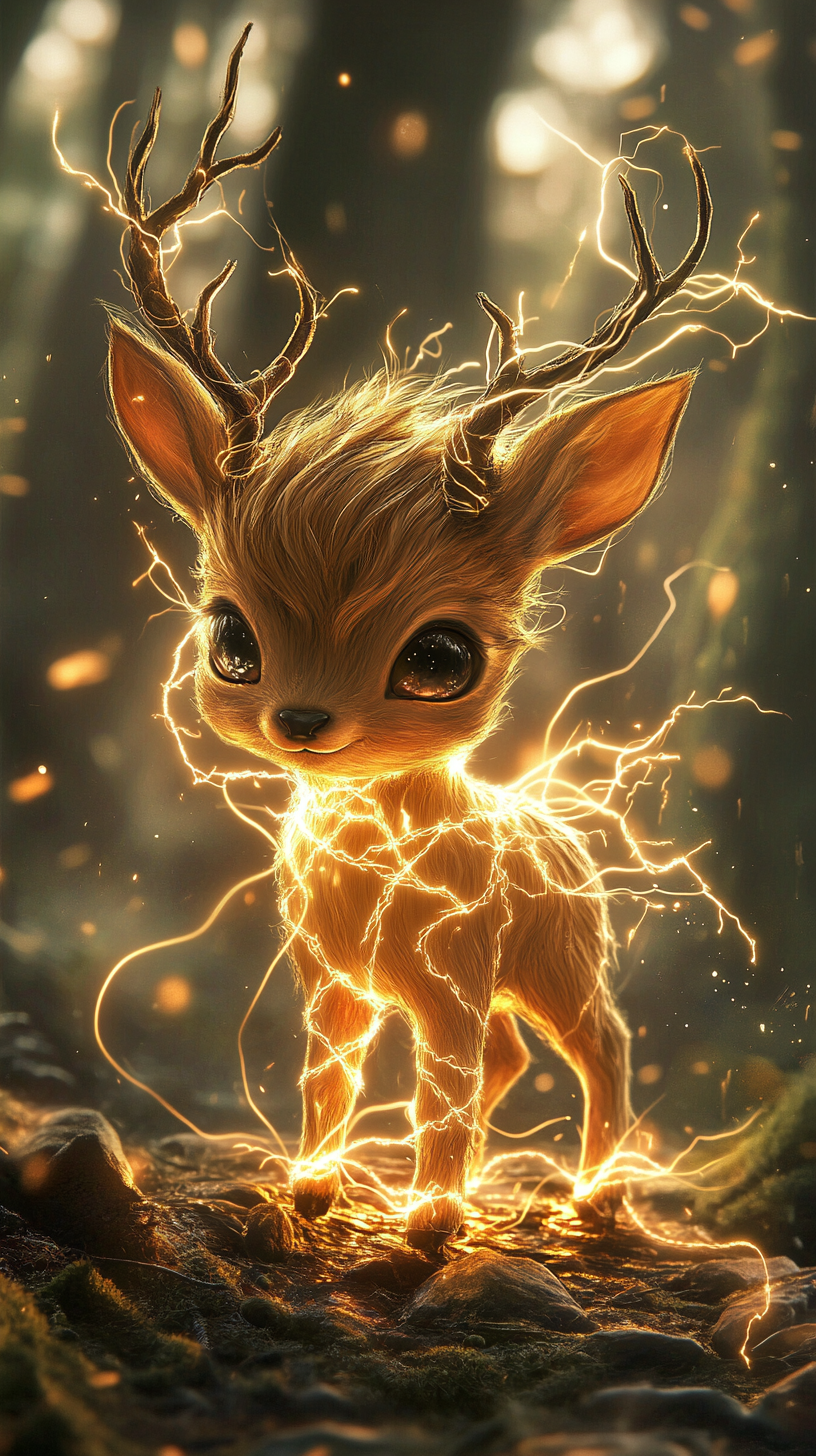 Chibi deer with lightning powers, sparking antlers, glowing eyes.