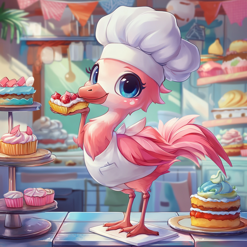 Chibi flamingo in chef attire decorates cake artistically.