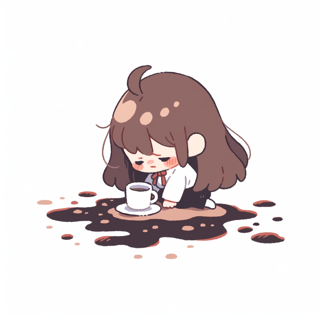 Chibi girl cries over spilled coffee in doodle style.