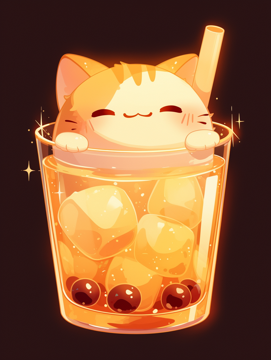 Chibi kitty enjoying milk tea with tapioca balls, cartoon.