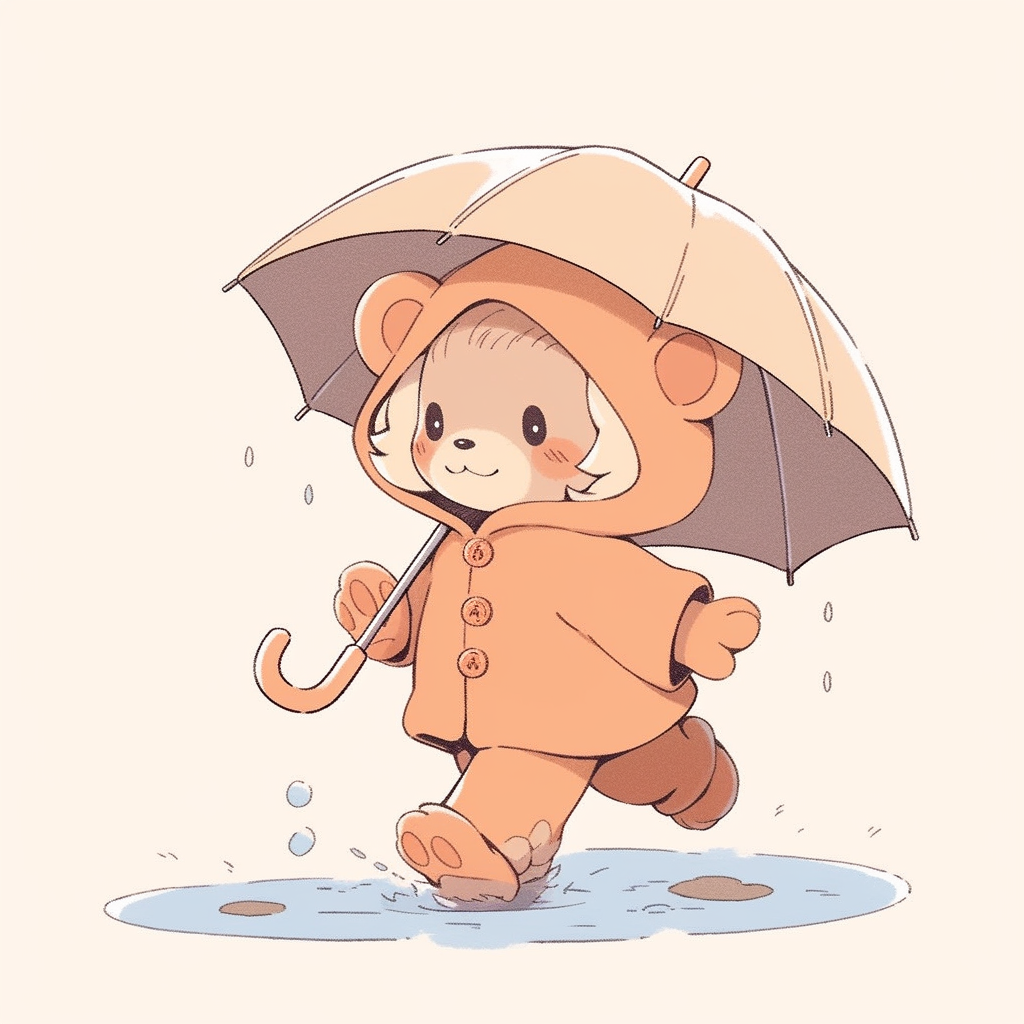 Chibi lion cub in raincoat and umbrella walking home.