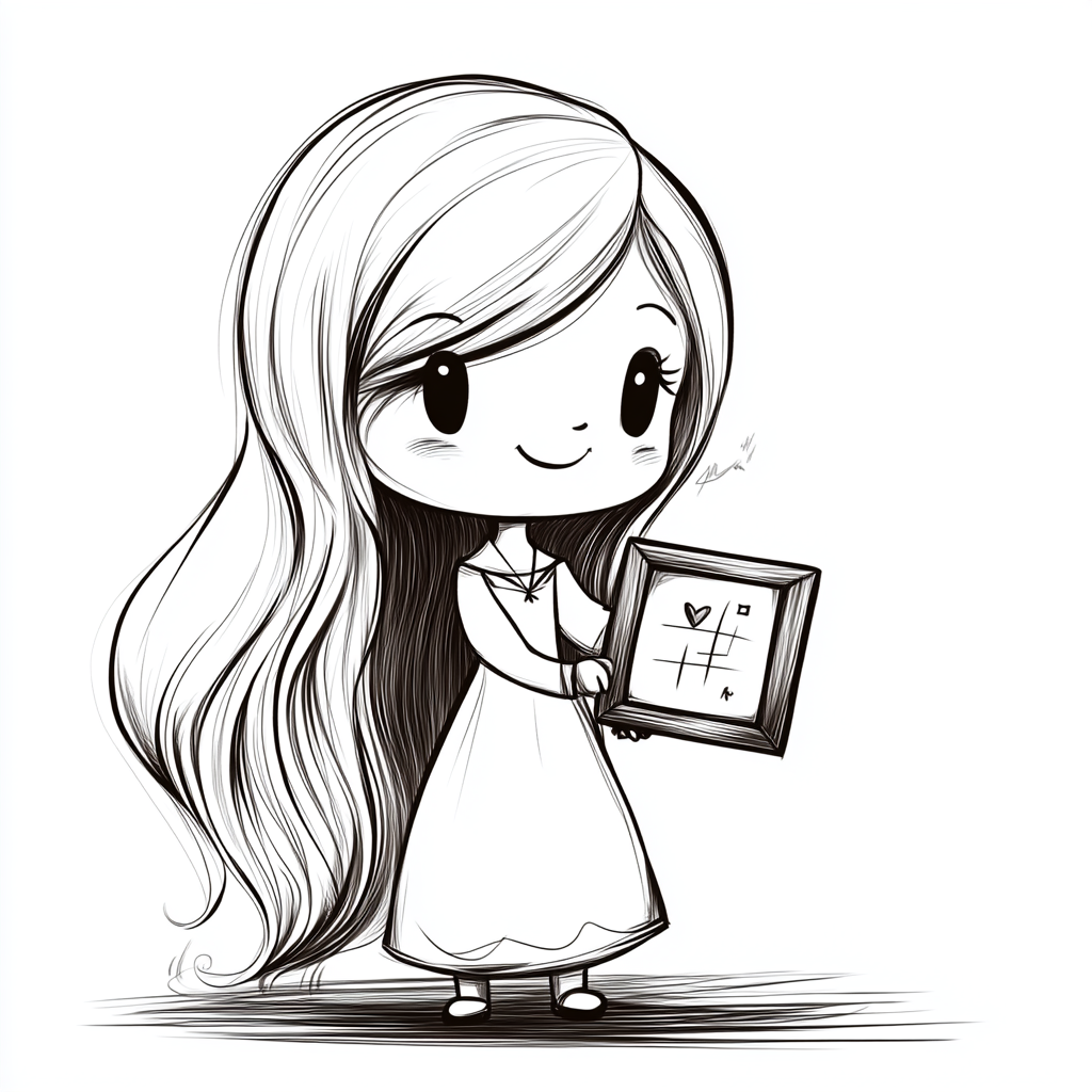 Chibi math teacher with long hair, holding blackboard.