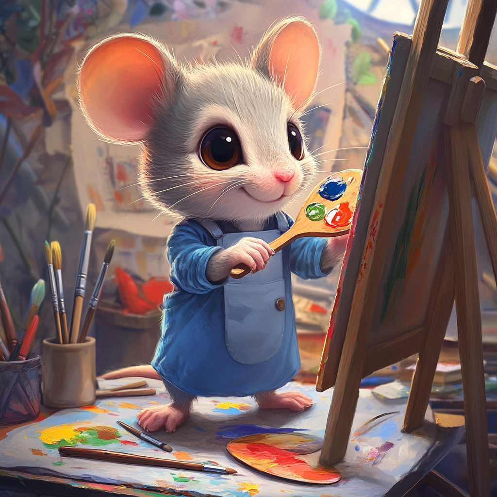 Chibi mouse artist painting colorful scene in studio.