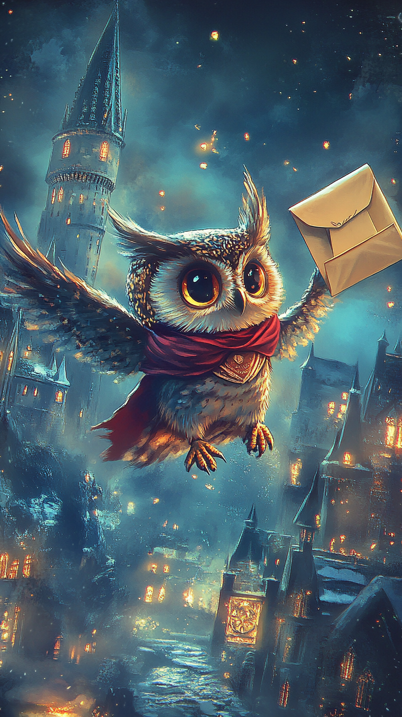 Chibi owl flying over Hogwarts castle with letter in beak.