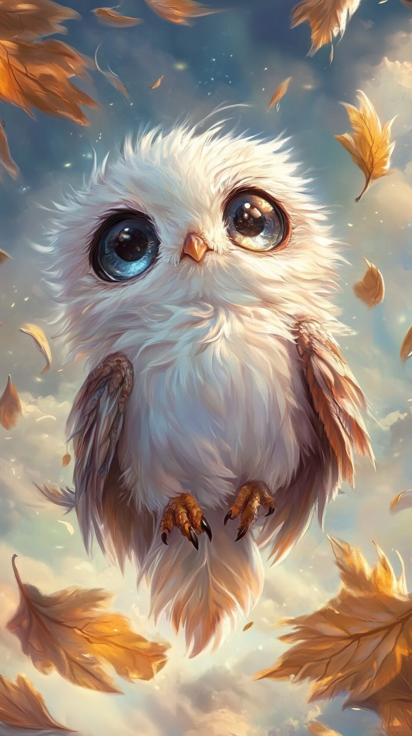 Chibi owl with wind powers, light feathers swirling gently.