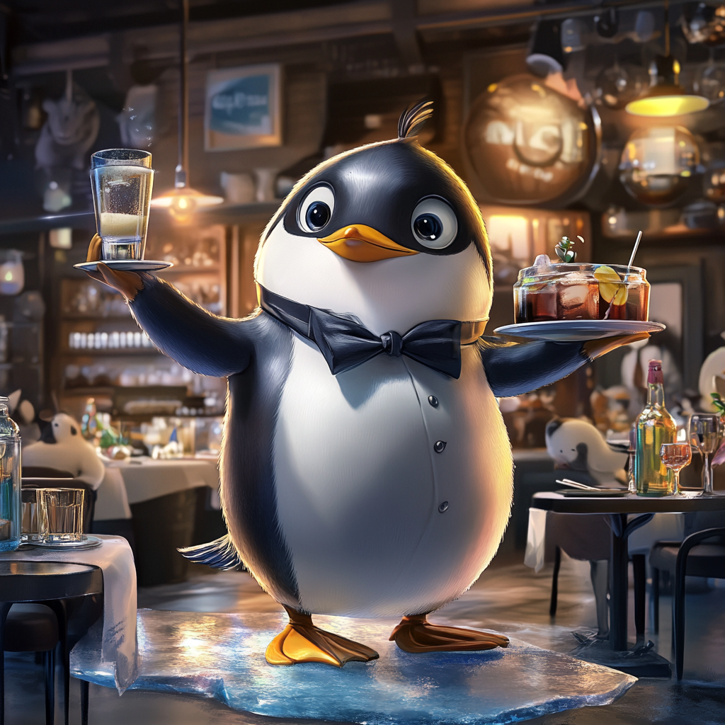 Chibi penguin waiter serves drinks and dishes gracefully.