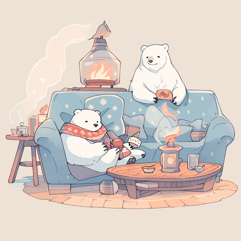 Chibi polar bear and cub watch movie with cocoa.