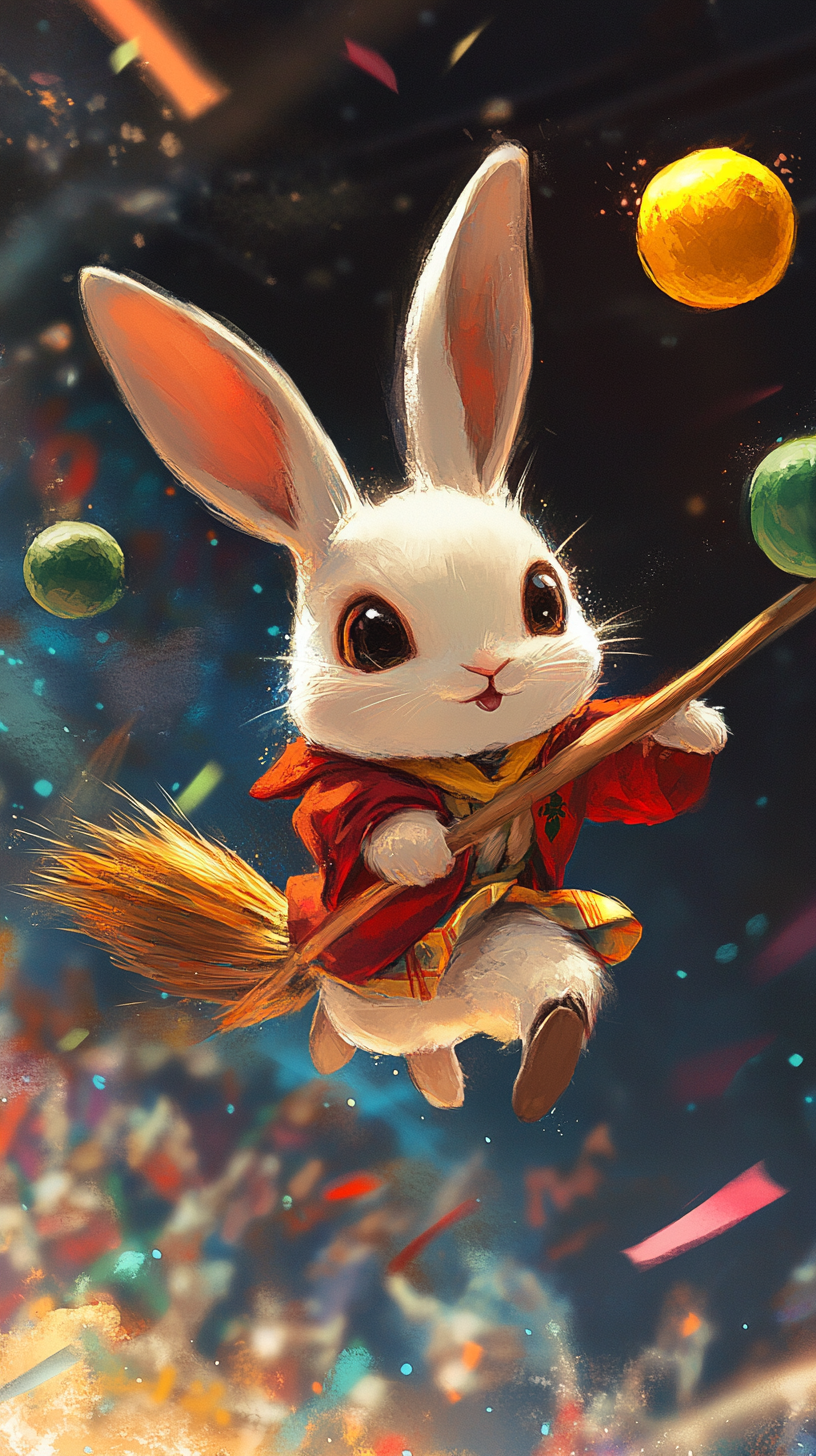 Chibi rabbit plays Quidditch match at Hogwarts stadium.