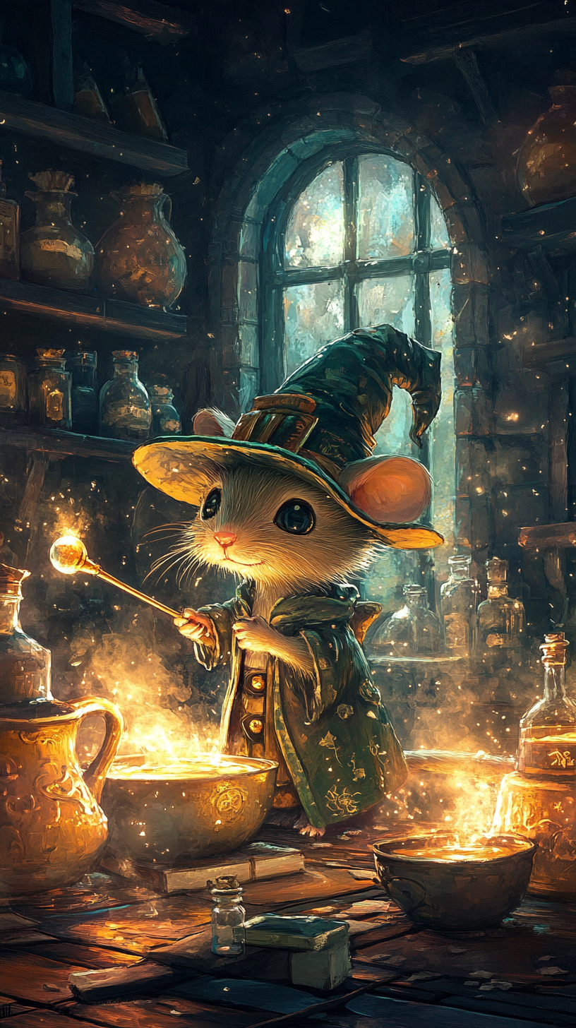 Chibi rat with magical accessories explores potion lab.